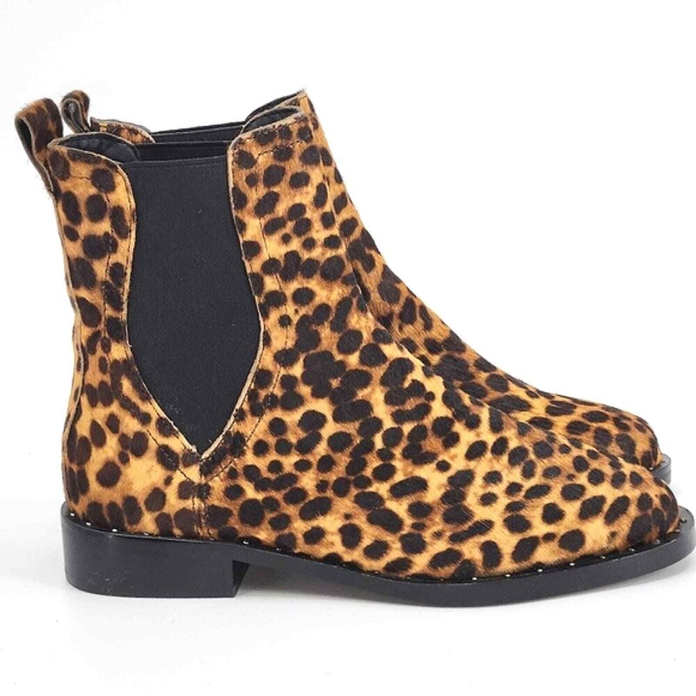 New Rebecca Minkoff Sabeen Cheetah Print Chelsea Boots Ankle Booties Cow Fur 7.5
